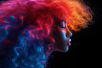 Fototapeta na wymiar Colorful explosion of hair on the head of a dark-skinned girl, neon lighting on a dark background, creativity, hair dye advertising