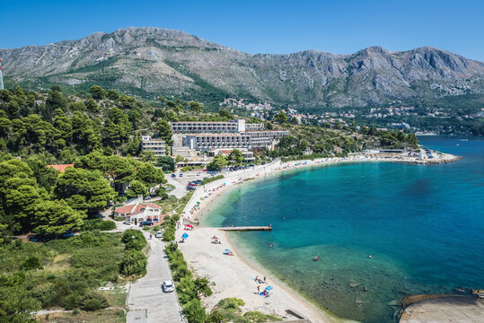 Kupari, Croatia - August 27, 2015: Aerial view with Goricina Hotel in so called Bay of Abandoned Hotels in Kupari