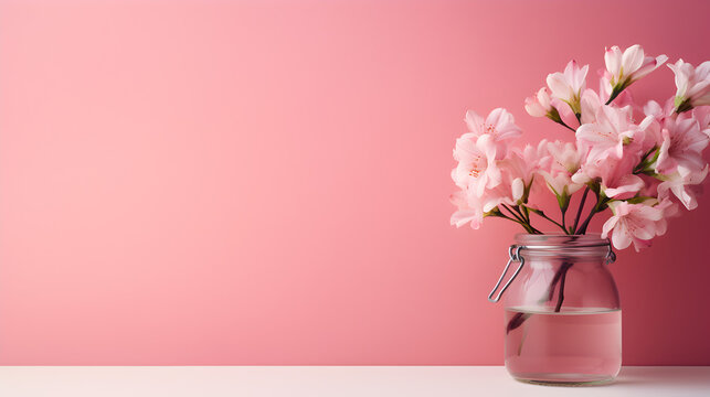 A bouquet of pink flowers on a pink background
