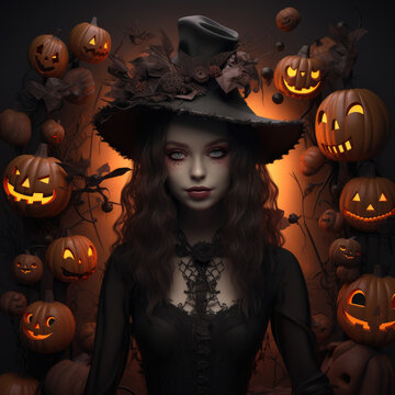 Young woman in witch costume and jack o lantern pumpkin faces