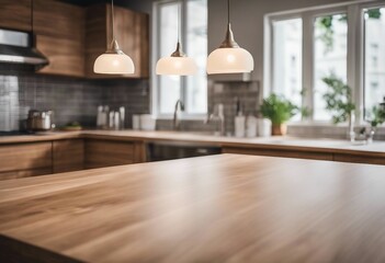 Kitchen background top counter interior wood blur home wooden empty room light white Top kitchen pro - obrazy, fototapety, plakaty