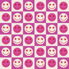 Checkered smiley faces with stars in their eyes seamless pattern on white and pink checkerboards. For wrapping paper, stationary and fabric