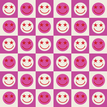 Checkered smiley faces with stars in their eyes seamless pattern on white and pink checkerboards. For wrapping paper, stationary and fabric