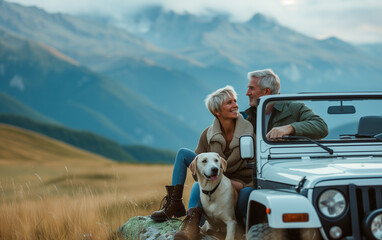 Middle aged beautiful couple with dog traveling by car in the mountains, summer vacation and adventure.