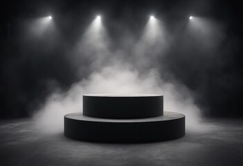 Podium black dark smoke background product platform abstract stage texture fog spotlight Dark black - obrazy, fototapety, plakaty