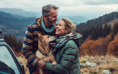 Middle aged beautiful couple with dog traveling by car in the mountains, summer vacation and adventure.