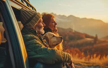 Middle aged beautiful couple with dog traveling by car in the mountains, summer vacation and...
