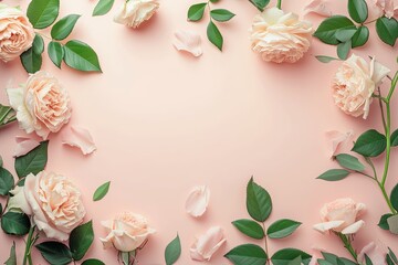 top view angle shot, gradient pink background with floral margins, old paper colors, clean interior, mockup. Space for text. - obrazy, fototapety, plakaty