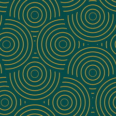 vintage line art abstract golden circles seamless pattern on teal background. For wallpaper, home décor and textile