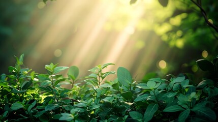 Sunlight filtering through vibrant green foliage, nature background concept