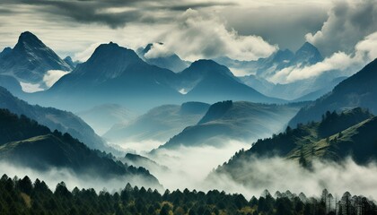 panorama of the mountains. mountain landscape with clouds. clouds overlapping with mountains. mountains and trees. melancholic lighting over the mountains. mountains and clouds still