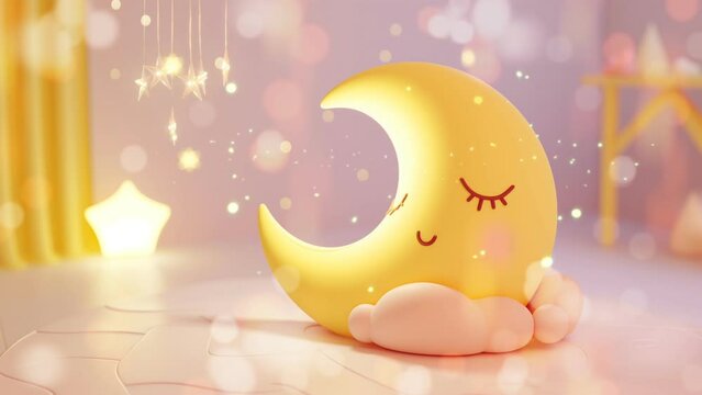 Cute yellow crescent moon sleep on baby bedroom. Lullaby baby loop animation background