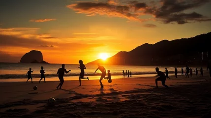 Crédence de cuisine en verre imprimé Copacabana, Rio de Janeiro, Brésil Photo of group of teenagers having fun playing soccer football under the twilight sunset at beach. Beach sports, holiday concept.