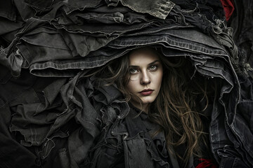 Mysterious Woman Enveloped in Layers of Dark Textured Fabric, Exuding a Gothic Aura