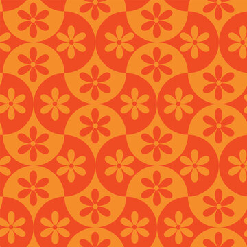 orange and tangerine retro flowers on geometric scallop shapes seamless pattern. For fabric, textile , wallpaper and home décor
