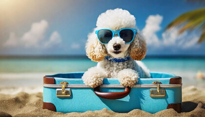 A Poodle dog wearing sunglasses in suitcase in beach. travel and holiday concept, dog soaking up...