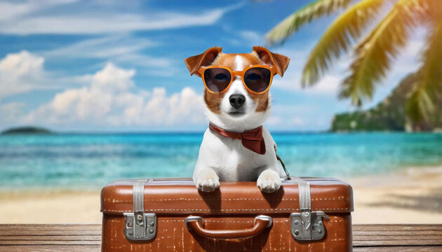 A jack russell terrier dog wearing sunglasses in suitcase in beach. travel and holiday concept, dog soaking up the sun and taking a snooze. This image embodies the ideas of summer and vacation.