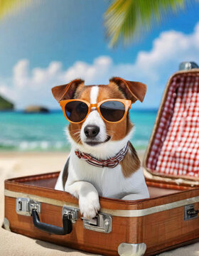 A jack russell terrier dog wearing sunglasses in suitcase in beach. travel and holiday concept, dog soaking up the sun and taking a snooze. This image embodies the ideas of summer and vacation.