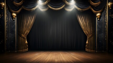 Theater stage with black gold velvet curtains
