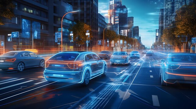 Visualization of the interaction of self-driving autonomous vehicles. Robotic cars are controlled by AI, driving along a busy city avenue, scanning the road with sensors, exchanging information.