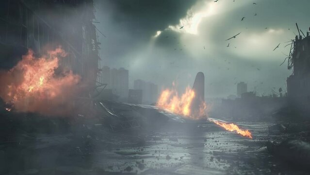 Fantasy broken city after war or disaster dramatic cinematic loop animation 4k footage