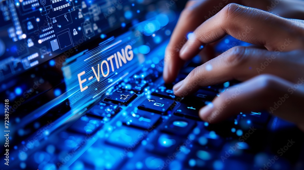 Poster e voting security internet voting concept with shining text and holograms on dark blue background