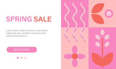 Spring sale banner design with geometric abstract ornament on pastel pink background. Vector illustration