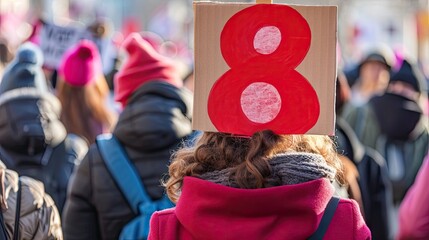 A crowd of women behind one of whom holds a sign with the number eight in honor of the celebration of International Women's Day