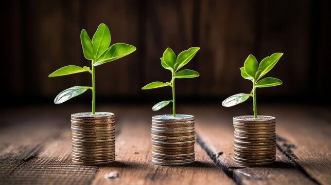Three stacks of coins with green plants on a wooden surface. Financial growth, investment, retirement, deposit, saving concept