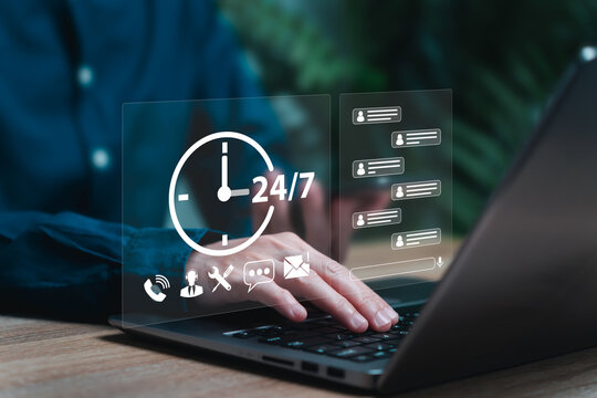 Customer Service 24 hours 7 days of Business Technology online concept, Female officers use laptops to respond to chats and consult customer problems, IT support, Call center, customer service