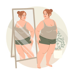 Overweight, bulimia, eating disorders. Young sad overweight woman looking at her reflection in the mirror - obrazy, fototapety, plakaty