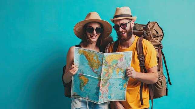 Happy backpacker tourist couple opening map to travel on summer vacation isolated on blue background.