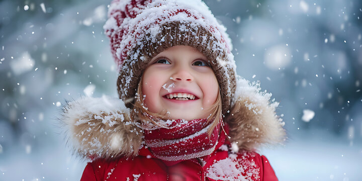 Winter Happiness: A smiling child in winter clothes, enjoying the season outdoors with a child, both bundled up in warm coats and hats, surrounded by snow, creating a joyful Christmas atmosphere