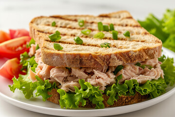 Tuna sandwich on white plate isolated on on white background