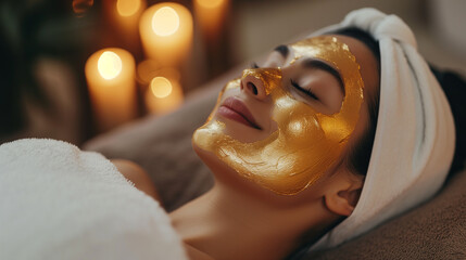 Woman relaxing with a luxurious gold facial mask at a day spa