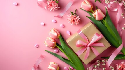 Mother's Day decorations concept. Top view photo of trendy gift boxes with ribbon bows and tulips on isolated pastel pink background