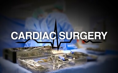 cardiac surgery lettering, in the background the heart rate and an operating room with surgeons on...