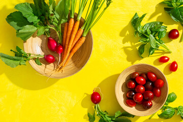 Fresh vegetables in bowls on a bright yellow background with Copy space