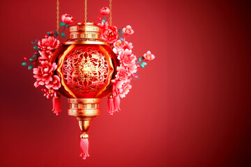 Traditional Chinese lantern and flowers on a red background and copy space for text, background for...