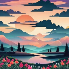 sunset in the mountains colorful landscape  Abstract art nature