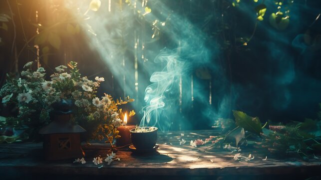 Esoteric spring Equinox ritual, magic mysticism, offering in nature