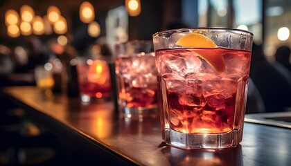 glass of whiskey on counter. rum and cola closeup in a moody bar. alcoholic beverage still in a bar with moody lightning. drink in glass with lemon. alcohol in glass. bar and restaurant drink - obrazy, fototapety, plakaty