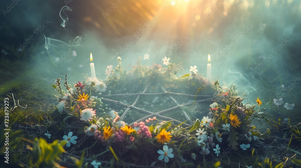 Wall mural esoteric spring equinox ritual, magic mysticism, offering in nature