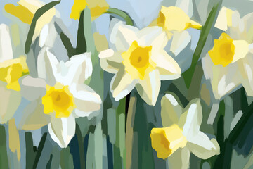 Vibrant Spring Beauty: A Close-Up of Yellow Daffodil Blossom Surrounded by Lush Green and White Field.