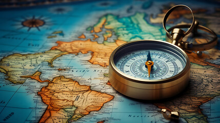 Illustration of an analog compass and location marking on world map background, travel concept