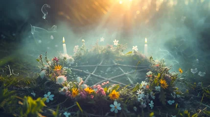 Tuinposter Esoteric spring Equinox ritual, magic mysticism, offering in nature © Filip