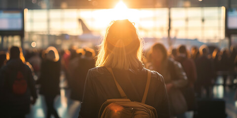 Tourist woman traveling at the airport, summer travel concept - obrazy, fototapety, plakaty