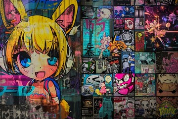 Eclectic Anime-Inspired Urban Graffiti Collage