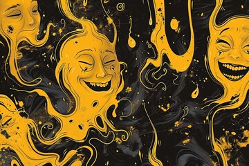 Joyful Cartoon Faces Swirling in Abstract Yellow and Black