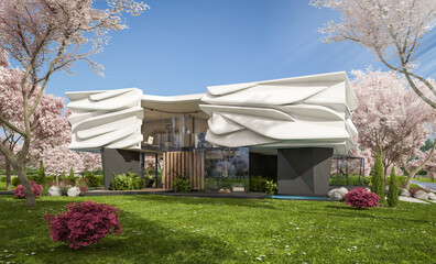 3d rendering of cute cozy modern house with bionic natural curves plastic forms with parking  and pool for sale or rent. Fresh spring day with a blooming trees with flowers of sakura